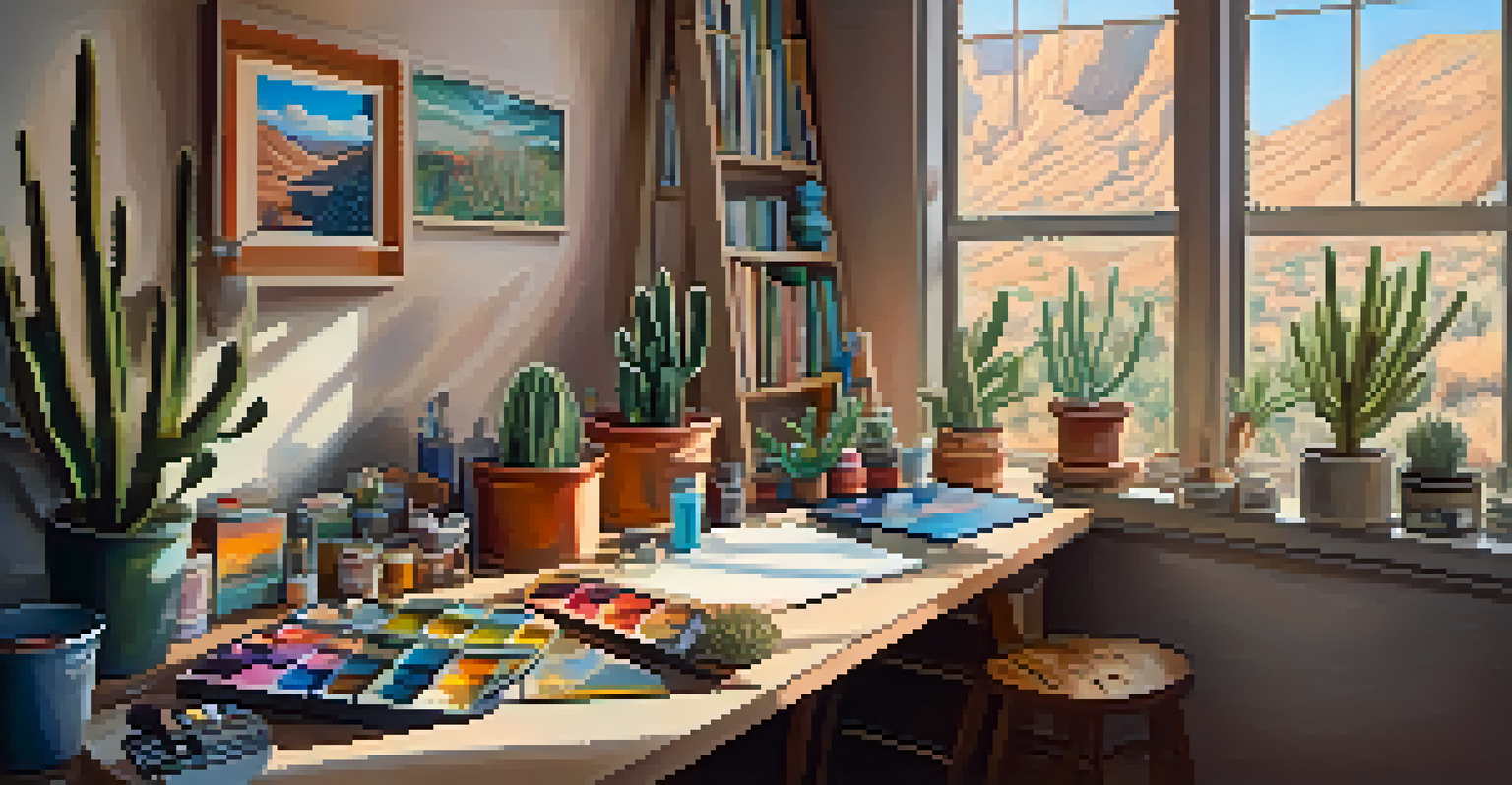 An artist's workspace with colorful paintings and art supplies, highlighting creativity inspired by peyote experiences.