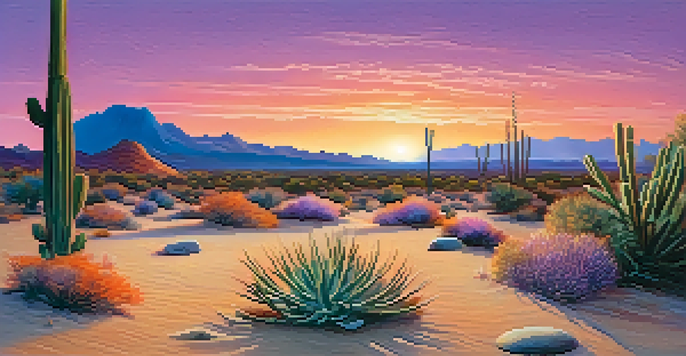 A peaceful desert scene at sunset with a peyote cactus in the foreground and colorful skies.