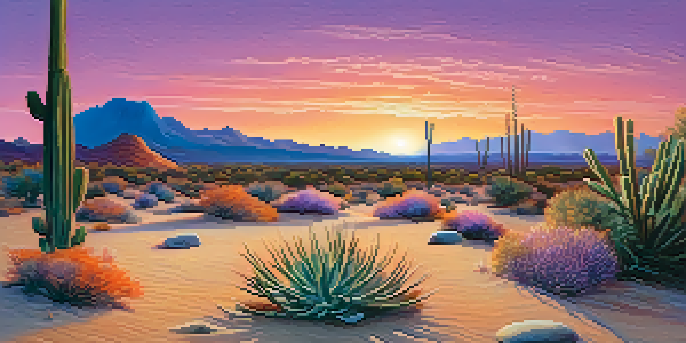 A peaceful desert scene at sunset with a peyote cactus in the foreground and colorful skies.