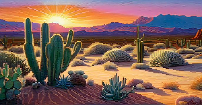 A tranquil desert scene during sunset, showcasing a peyote cactus with colorful skies and soft lighting.
