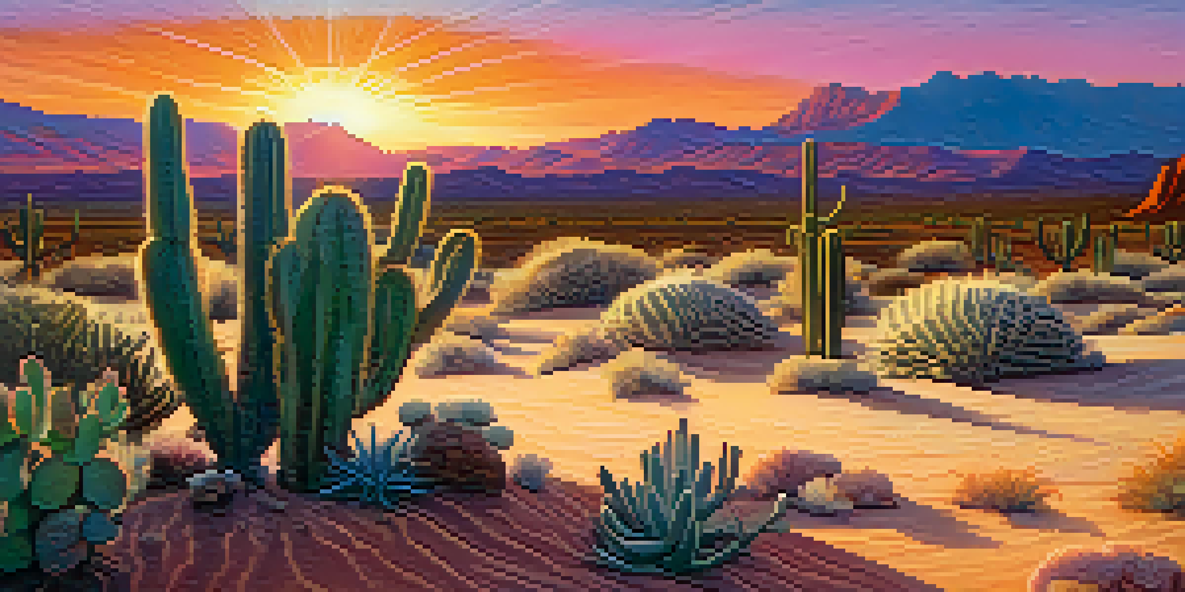 A tranquil desert scene during sunset, showcasing a peyote cactus with colorful skies and soft lighting.