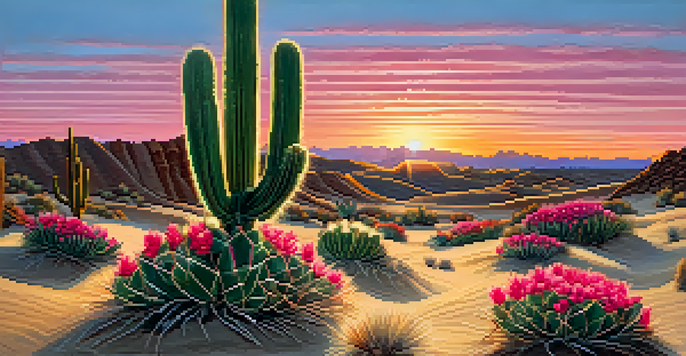 A close-up of a peyote cactus with pink flowers in a desert landscape at sunset, with warm golden light illuminating the scene.