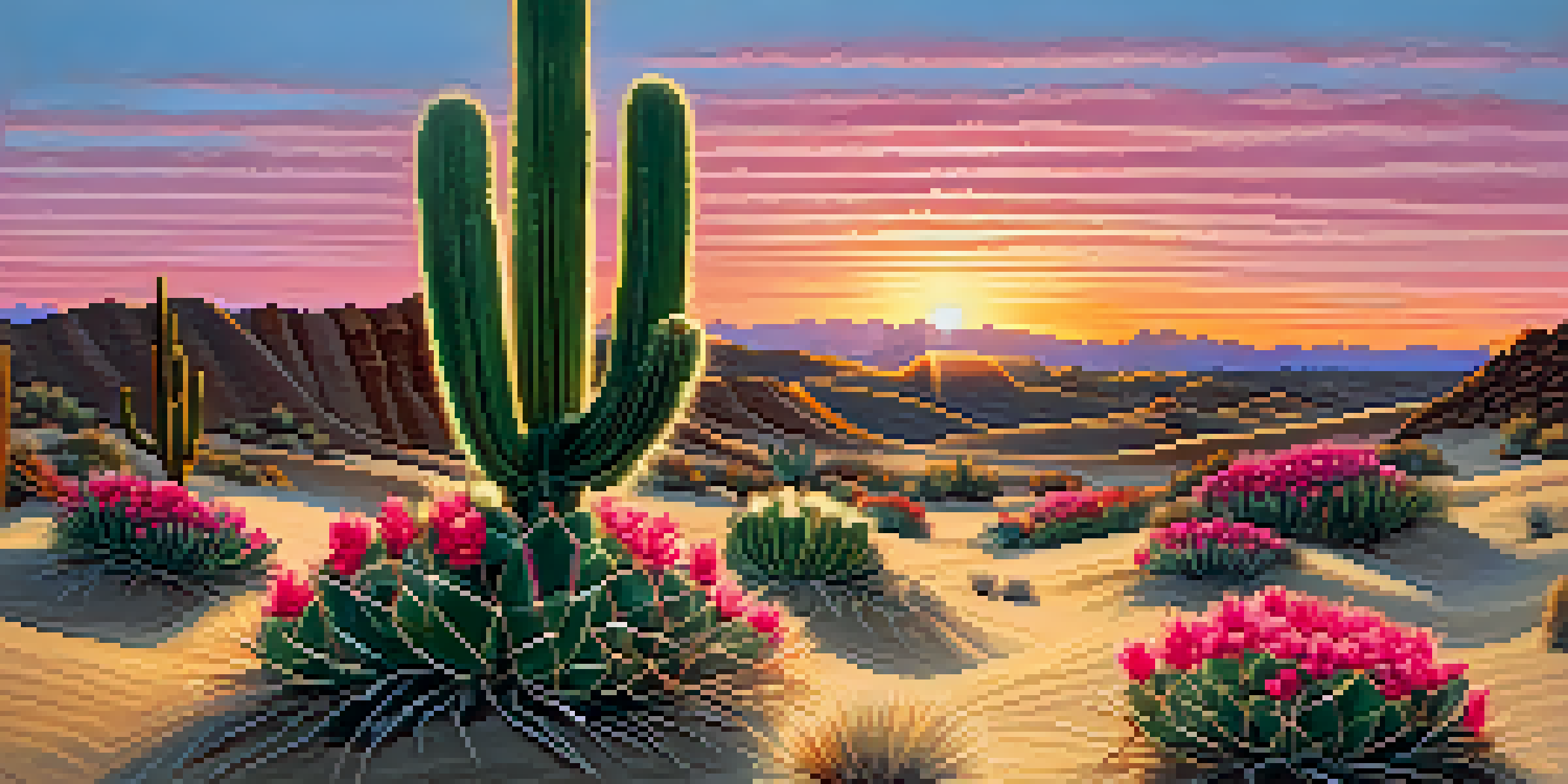 A close-up of a peyote cactus with pink flowers in a desert landscape at sunset, with warm golden light illuminating the scene.