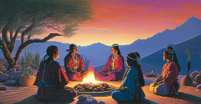A tranquil scene of a Peyote ceremony with participants around a fire in a desert landscape at dusk.