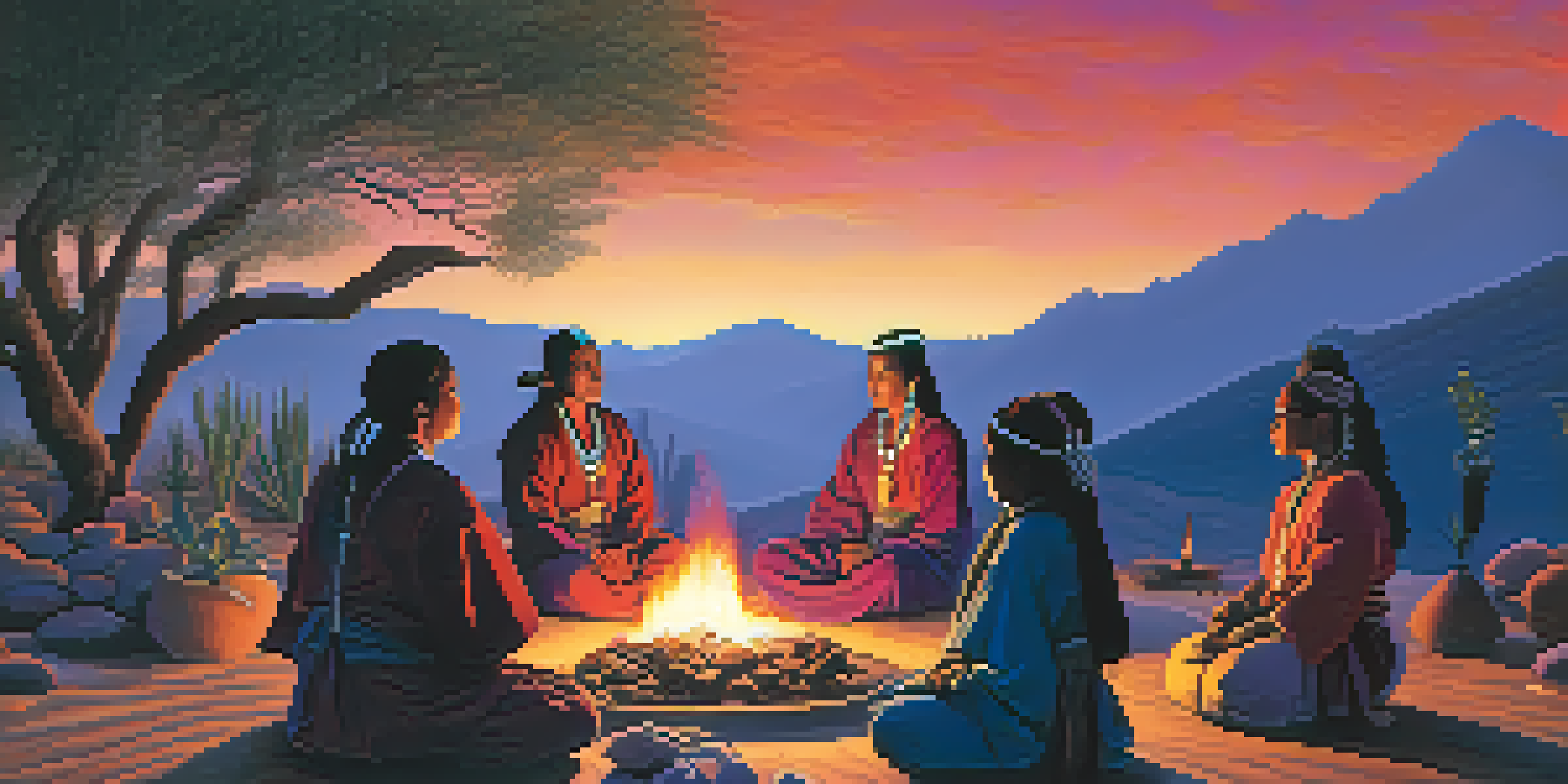 A tranquil scene of a Peyote ceremony with participants around a fire in a desert landscape at dusk.