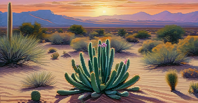 A peaceful desert scene with a small peyote cactus illuminated by a colorful sunset, surrounded by sandy terrain and sparse plants.