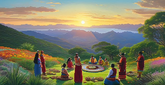 A peaceful valley during an Indigenous ceremony with colorful traditional attire, vibrant wildflowers, and a peyote cactus in the foreground, illuminated by a golden sunset.