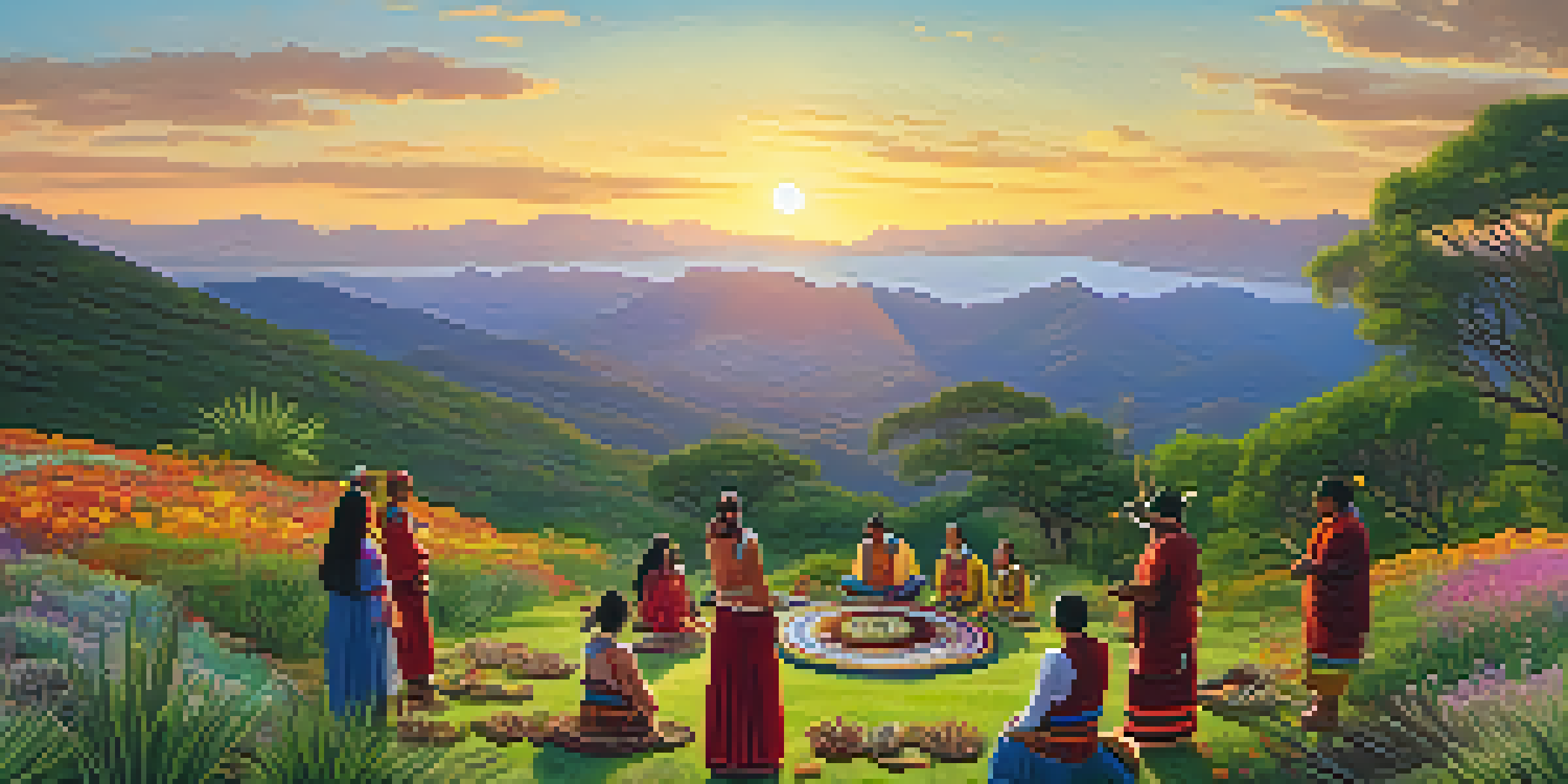 A peaceful valley during an Indigenous ceremony with colorful traditional attire, vibrant wildflowers, and a peyote cactus in the foreground, illuminated by a golden sunset.