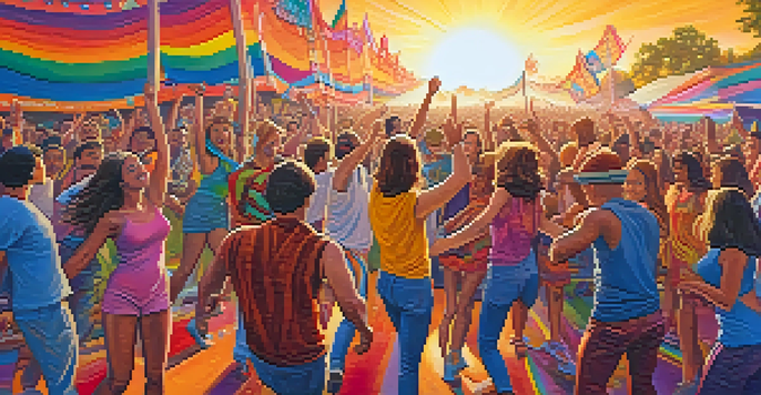 A lively music festival in the 1960s with a diverse crowd enjoying psychedelic rock music, colorful banners, and a sunset glow.