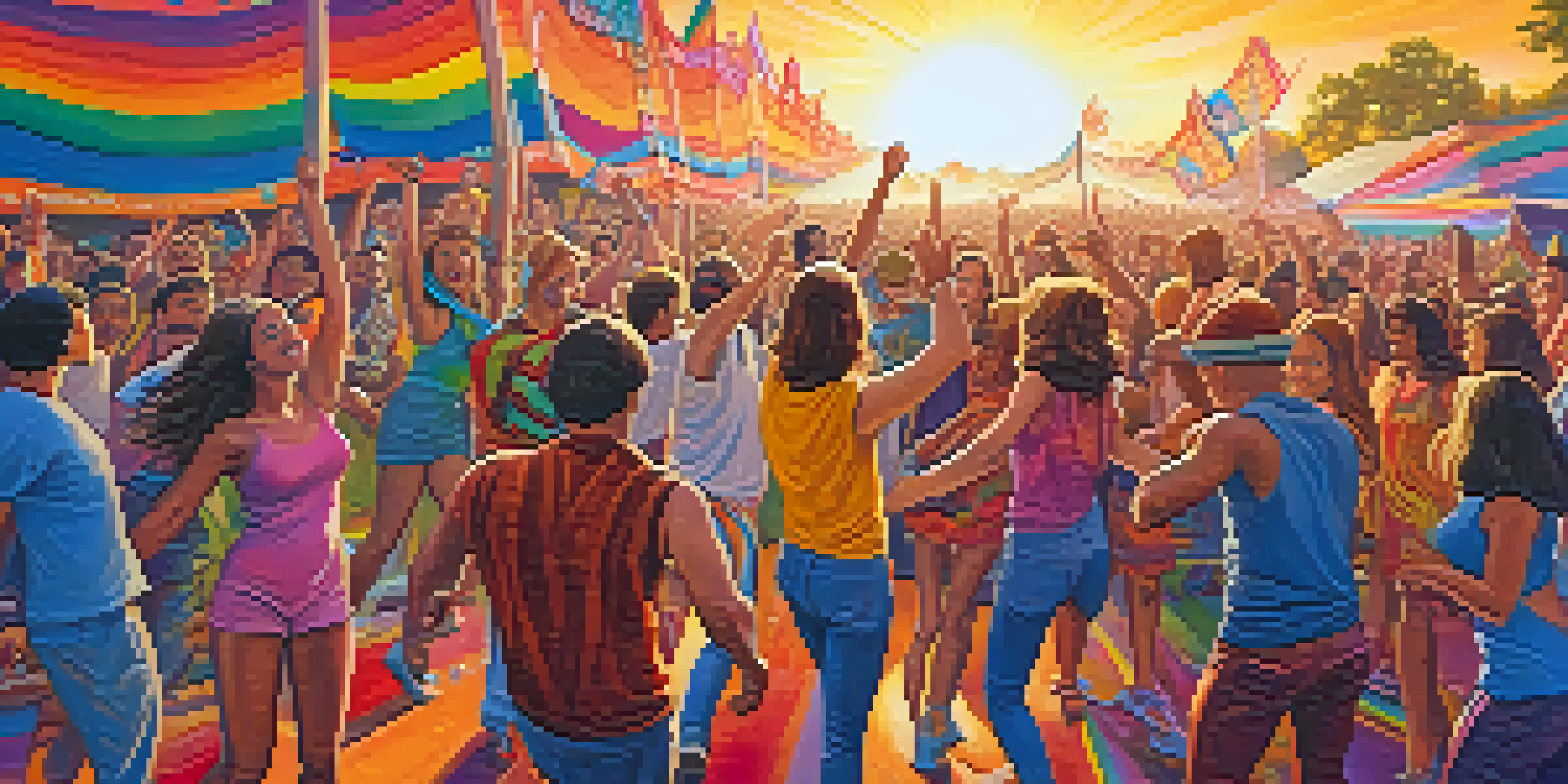 A lively music festival in the 1960s with a diverse crowd enjoying psychedelic rock music, colorful banners, and a sunset glow.