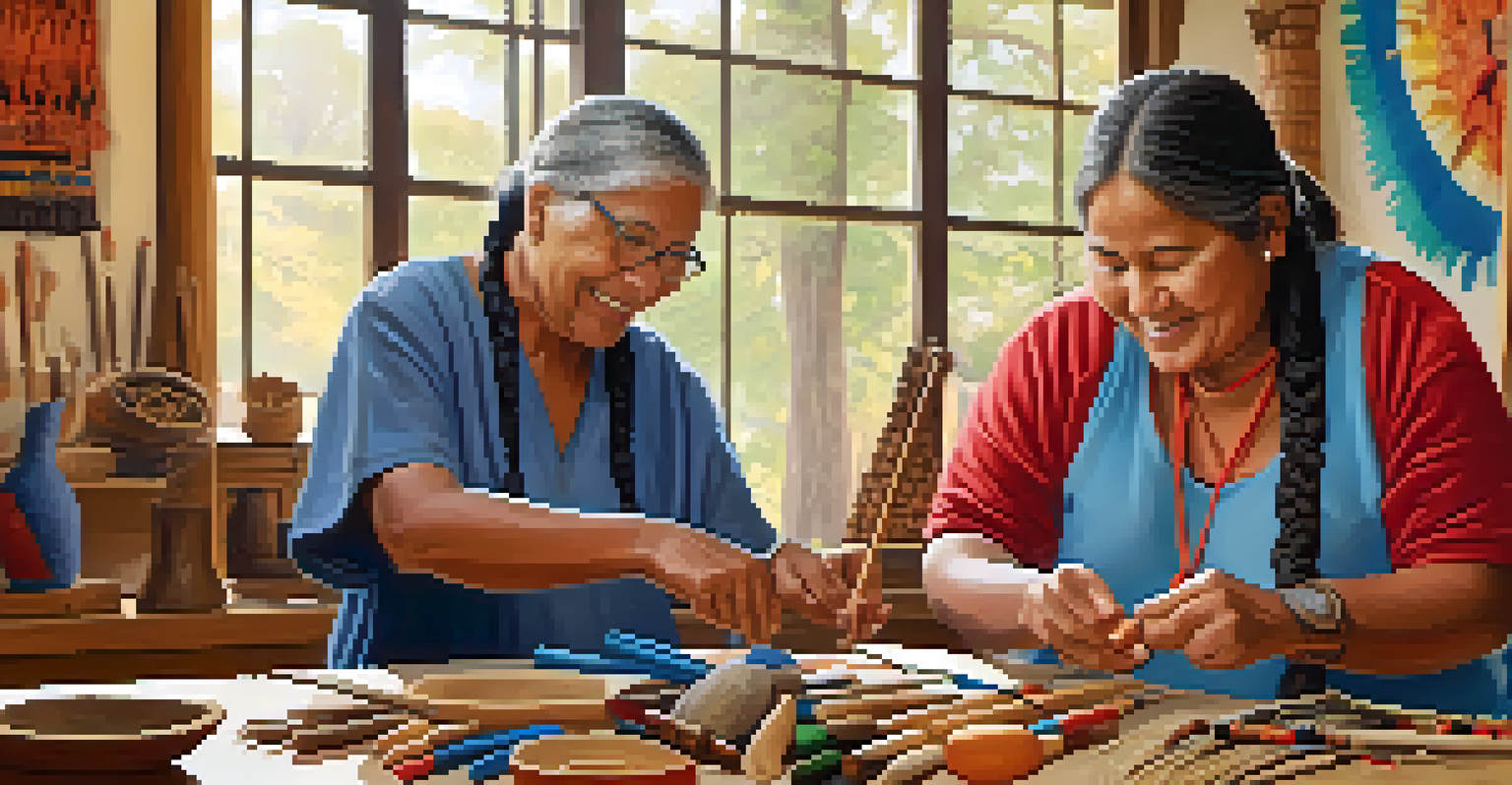 Indigenous elders teaching traditional crafts to young community members in a bright room.