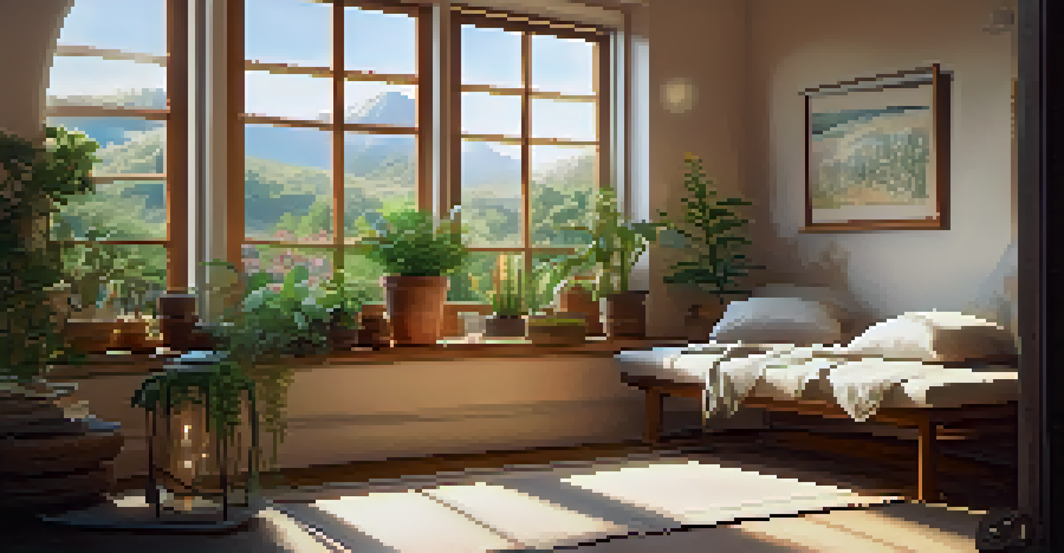 A cozy meditation space with sunlight, plants, and a meditation cushion, inviting relaxation.