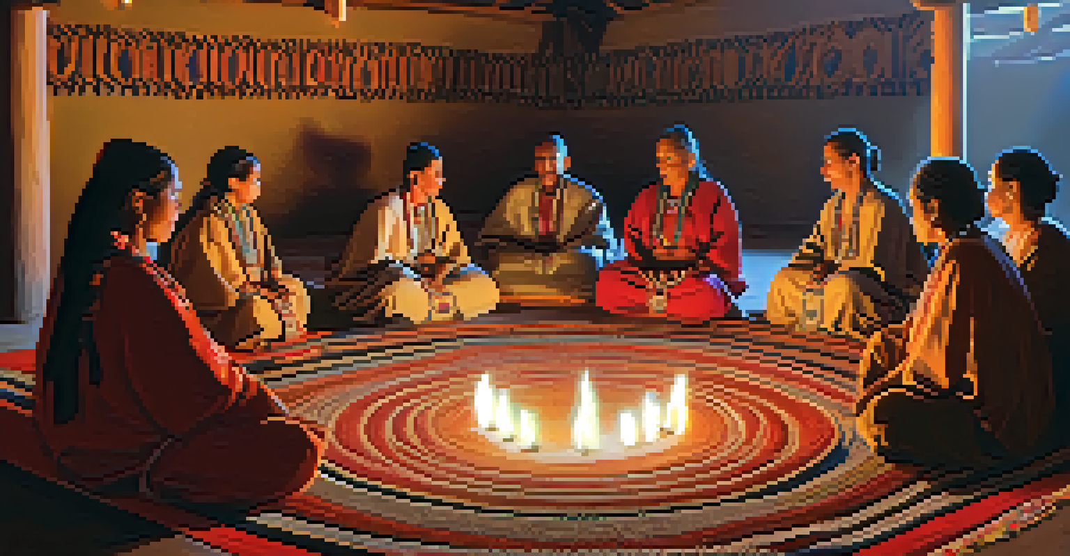 A traditional Peyote ceremony with participants seated in a circle, illuminated by candlelight in a culturally decorated setting.