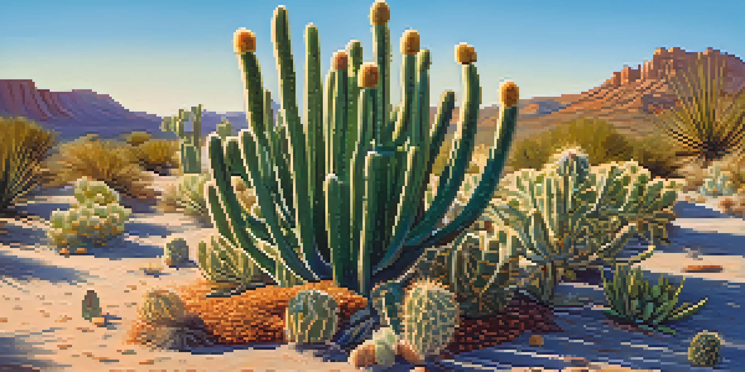 A small peyote cactus with colorful desert plants around it under a clear blue sky, illuminated by soft sunlight.