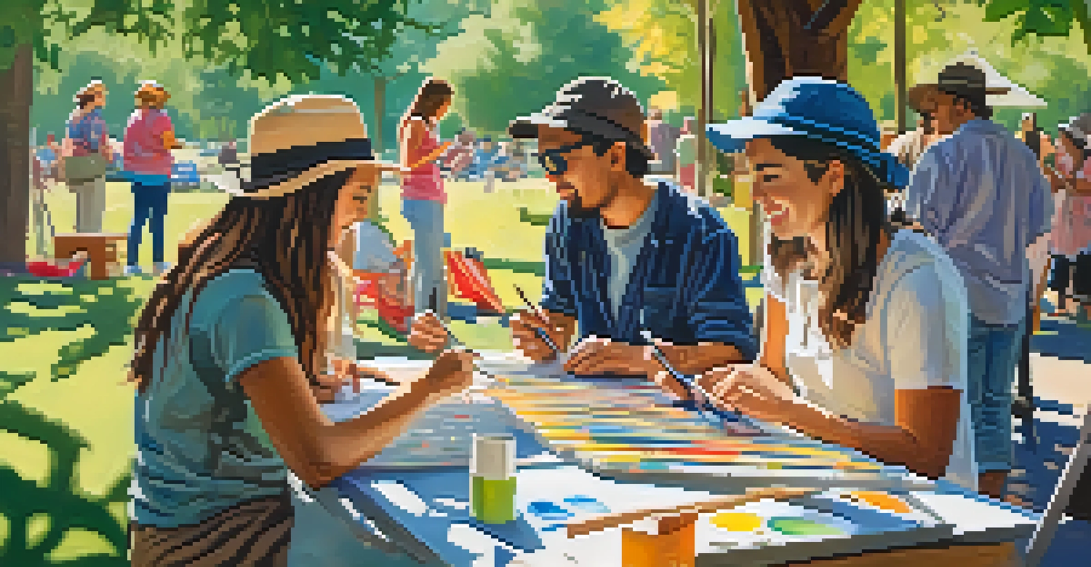 People painting together in a sunny park, surrounded by colorful art supplies and blooming flowers.