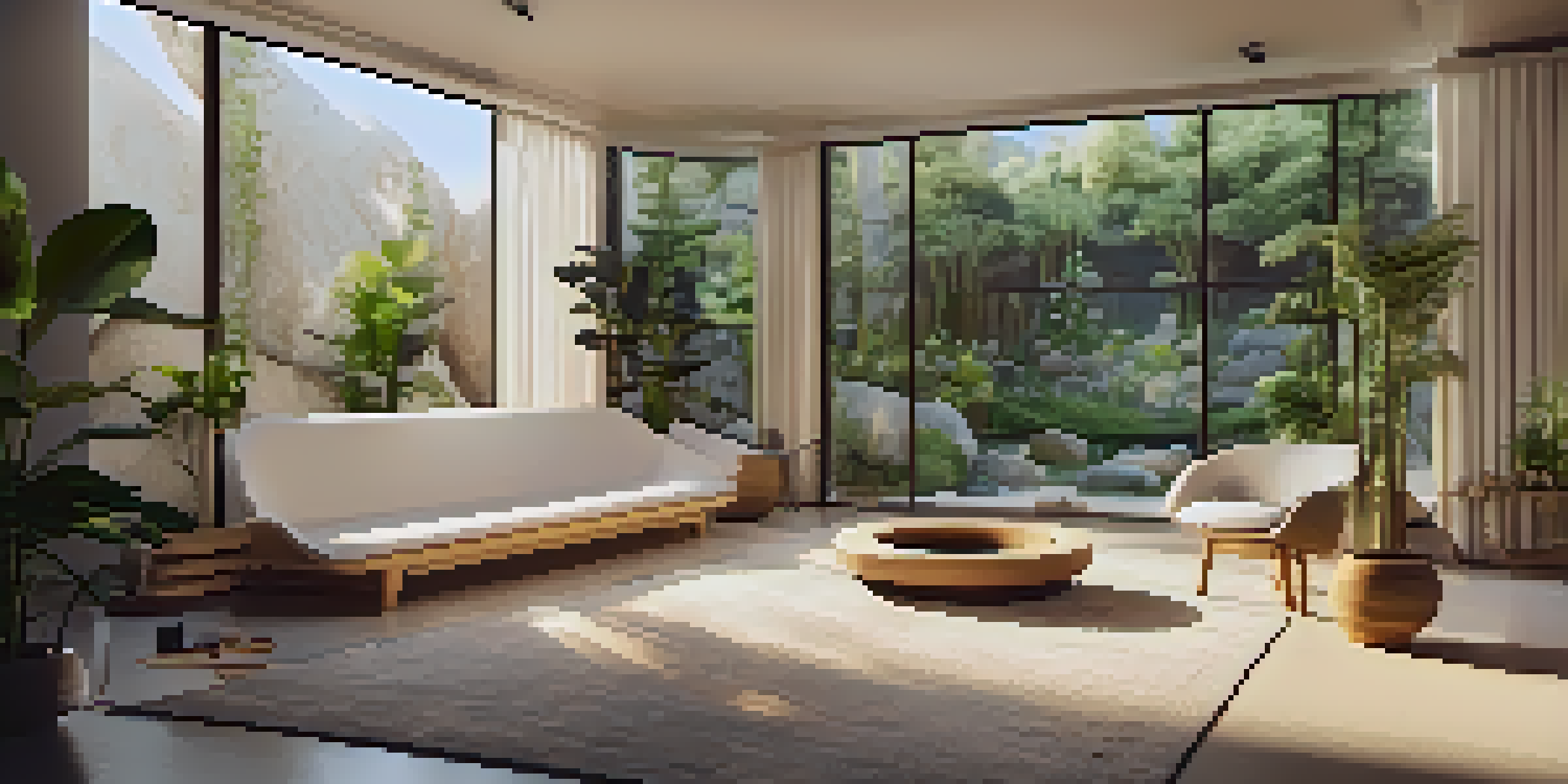 A peaceful room designed for sound healing, with soft lighting, comfortable seating, and musical instruments arranged in a circle.