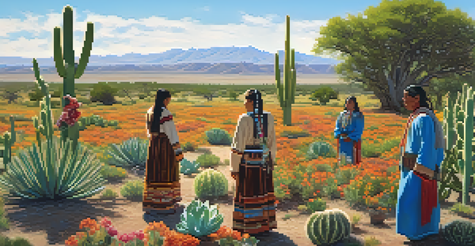 A peaceful scene showing Native American individuals in traditional clothing gathered around a peyote cactus in a green field filled with wildflowers under a bright blue sky.