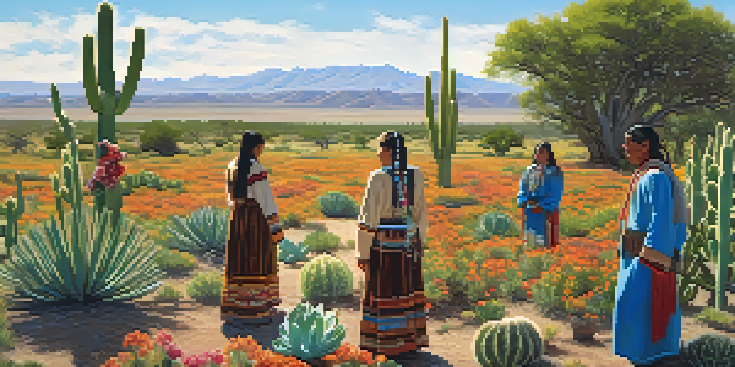 A peaceful scene showing Native American individuals in traditional clothing gathered around a peyote cactus in a green field filled with wildflowers under a bright blue sky.