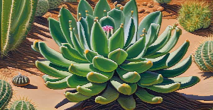 Close-up of a peyote cactus in a desert setting, with sunlight illuminating its textured surface.