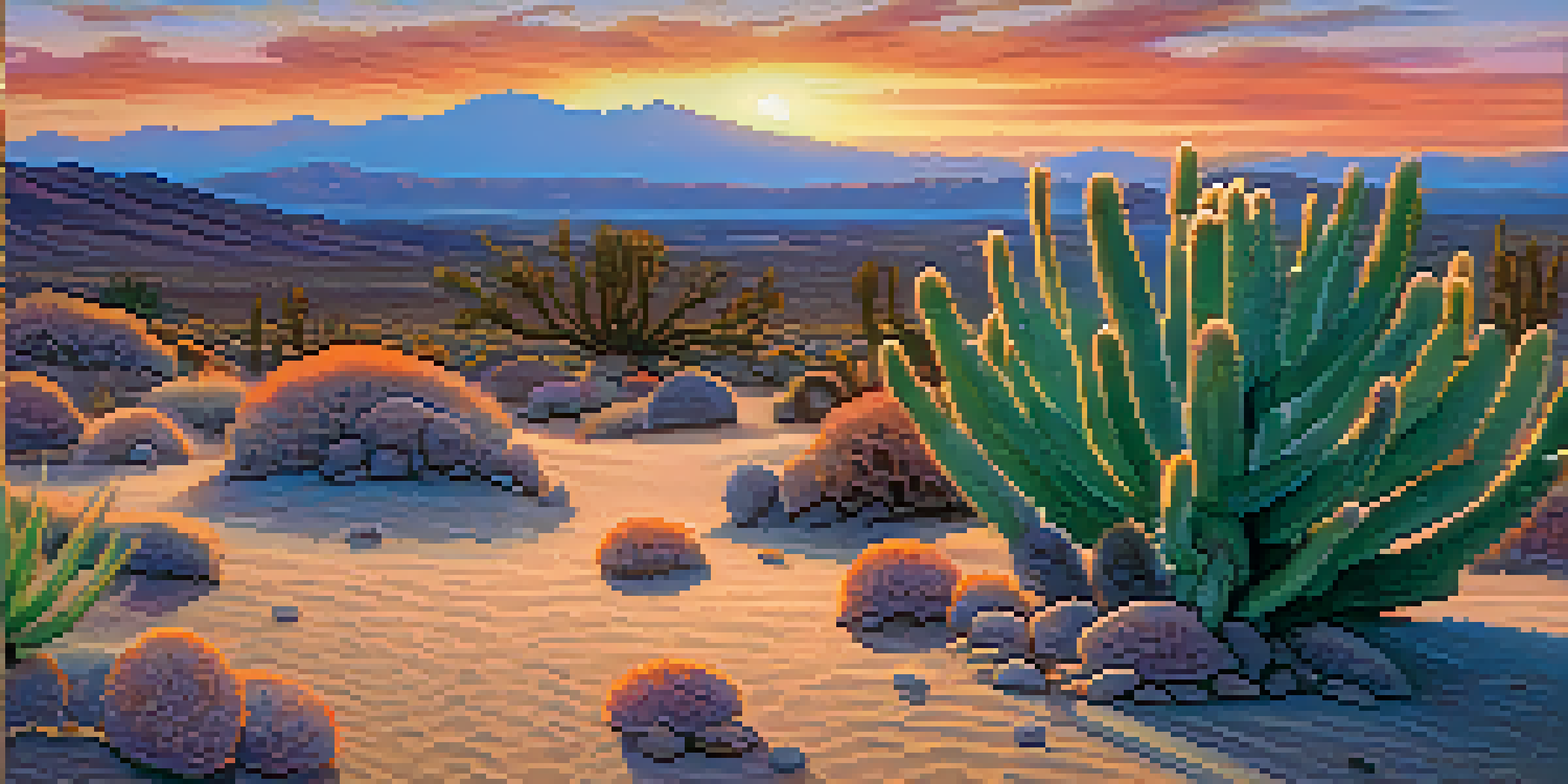 A peaceful desert scene at sunset with a small peyote cactus in the foreground and vibrant sky colors.