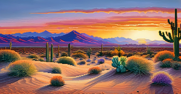 A small Peyote cactus in a peaceful desert at sunset, with colorful sky and mountains in the background.