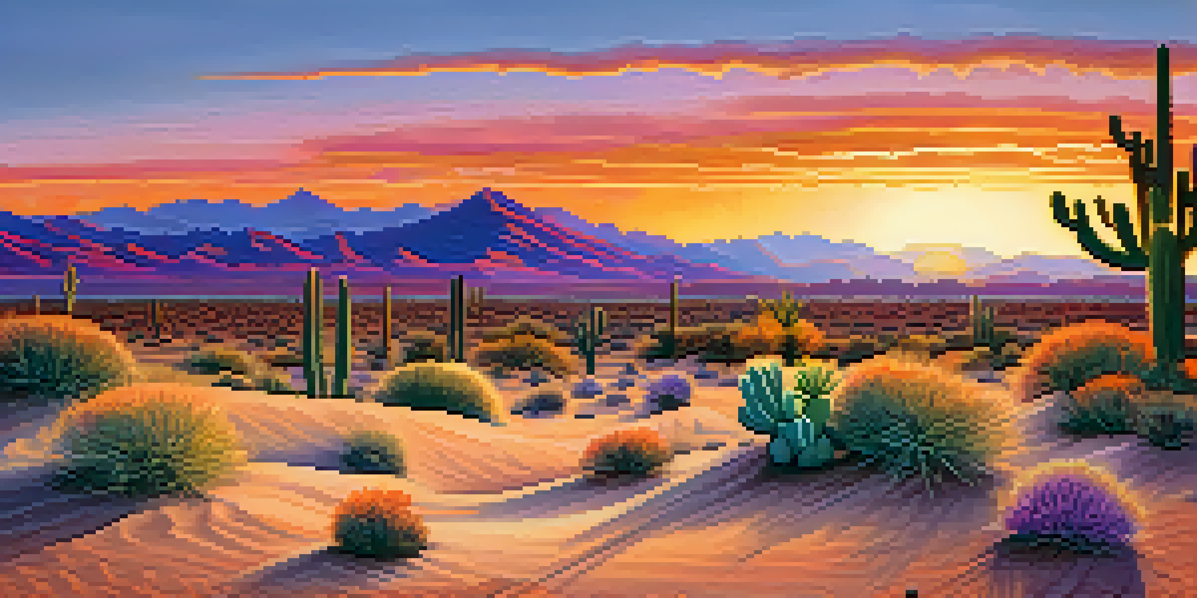 A small Peyote cactus in a peaceful desert at sunset, with colorful sky and mountains in the background.