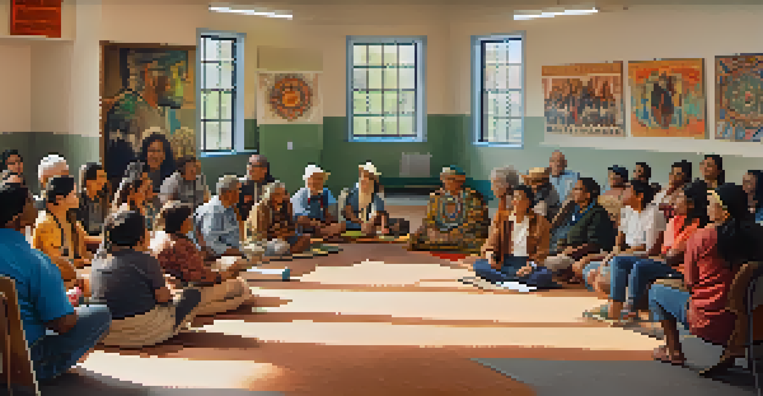 A diverse group of participants in a community center listening to a Native American elder share stories about peyote during an educational workshop.
