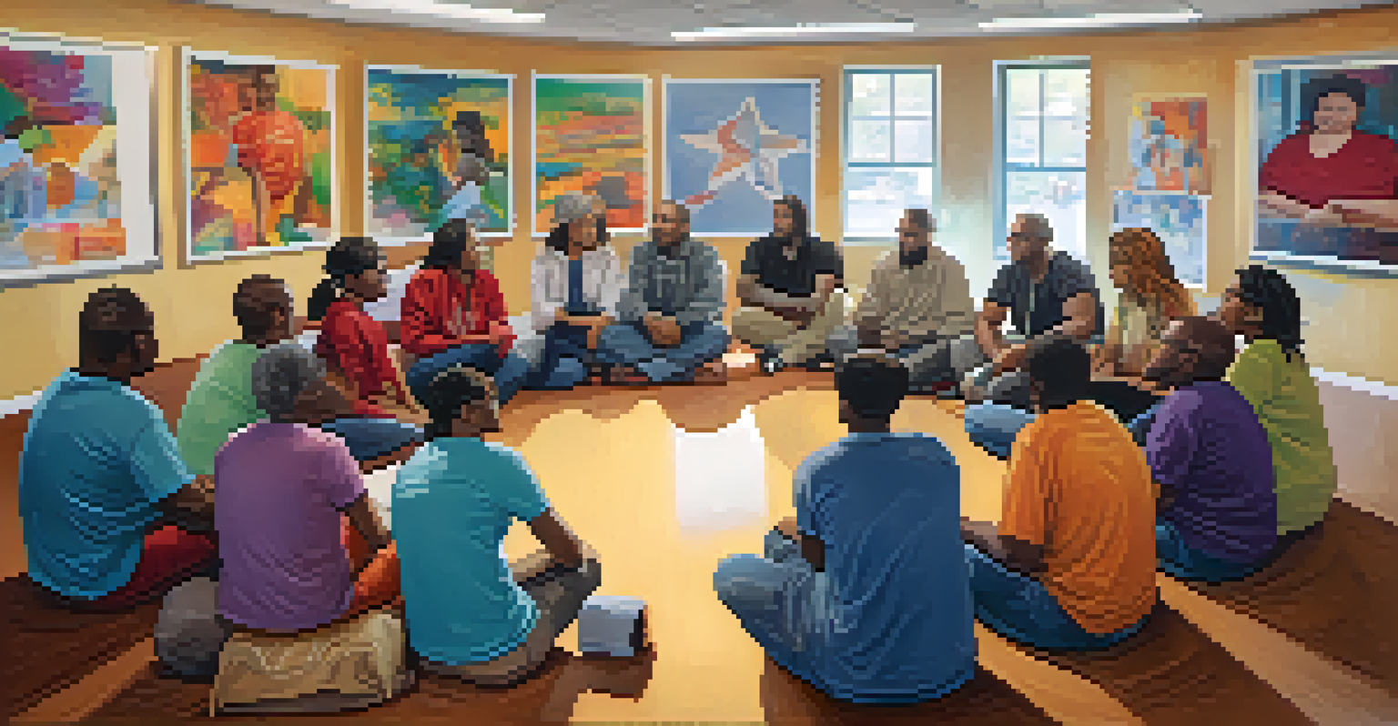 A group of people sitting in a circle in a workshop, sharing experiences in a warmly lit room with colorful cushions and posters.