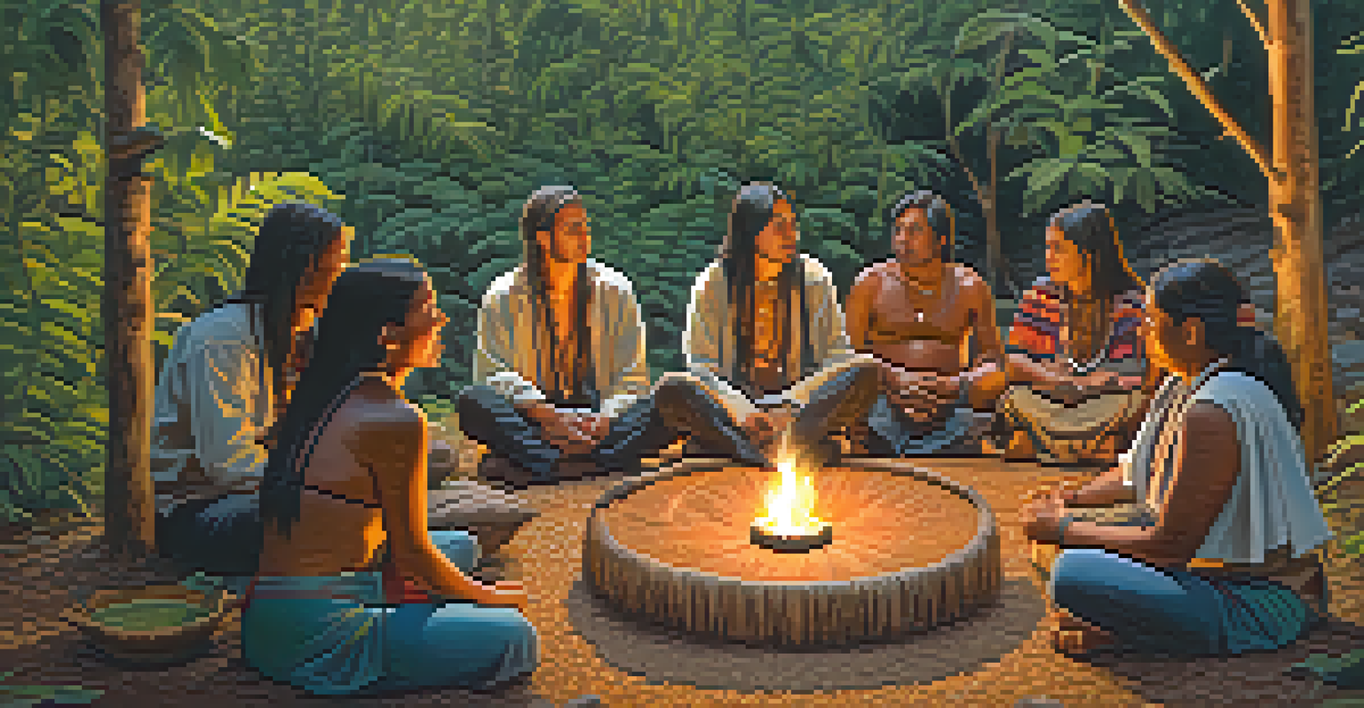 A group of Indigenous individuals participating in a peyote ceremony in nature, with a fire in the center and a sense of community.