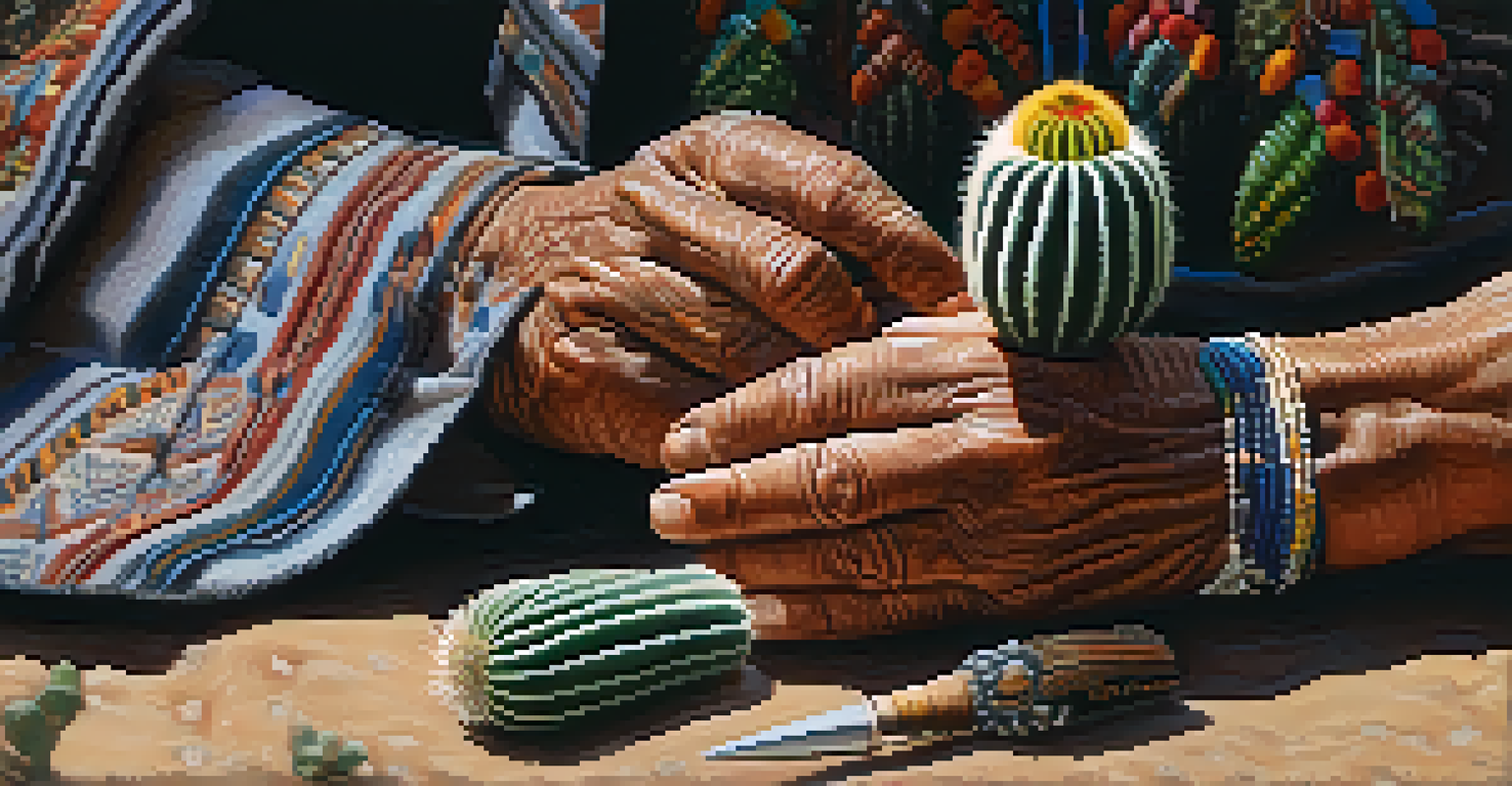 Close-up of an elder's hands preparing peyote, focusing on the textures of the cactus and the elder's skin.