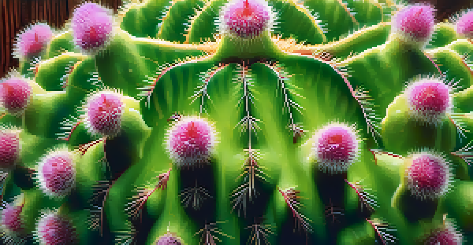 A close-up of a peyote cactus on a wooden surface, emphasizing its vibrant green color and details.