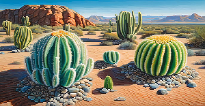A close-up view of a peyote cactus with colorful buttons in a desert landscape, under a bright blue sky.