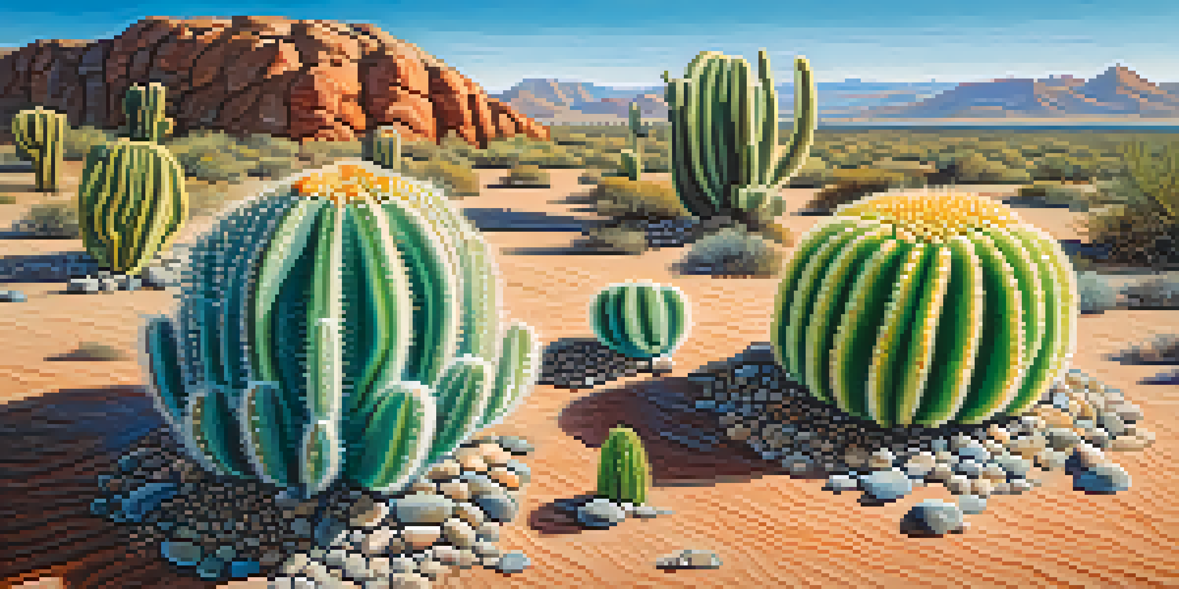 A close-up view of a peyote cactus with colorful buttons in a desert landscape, under a bright blue sky.