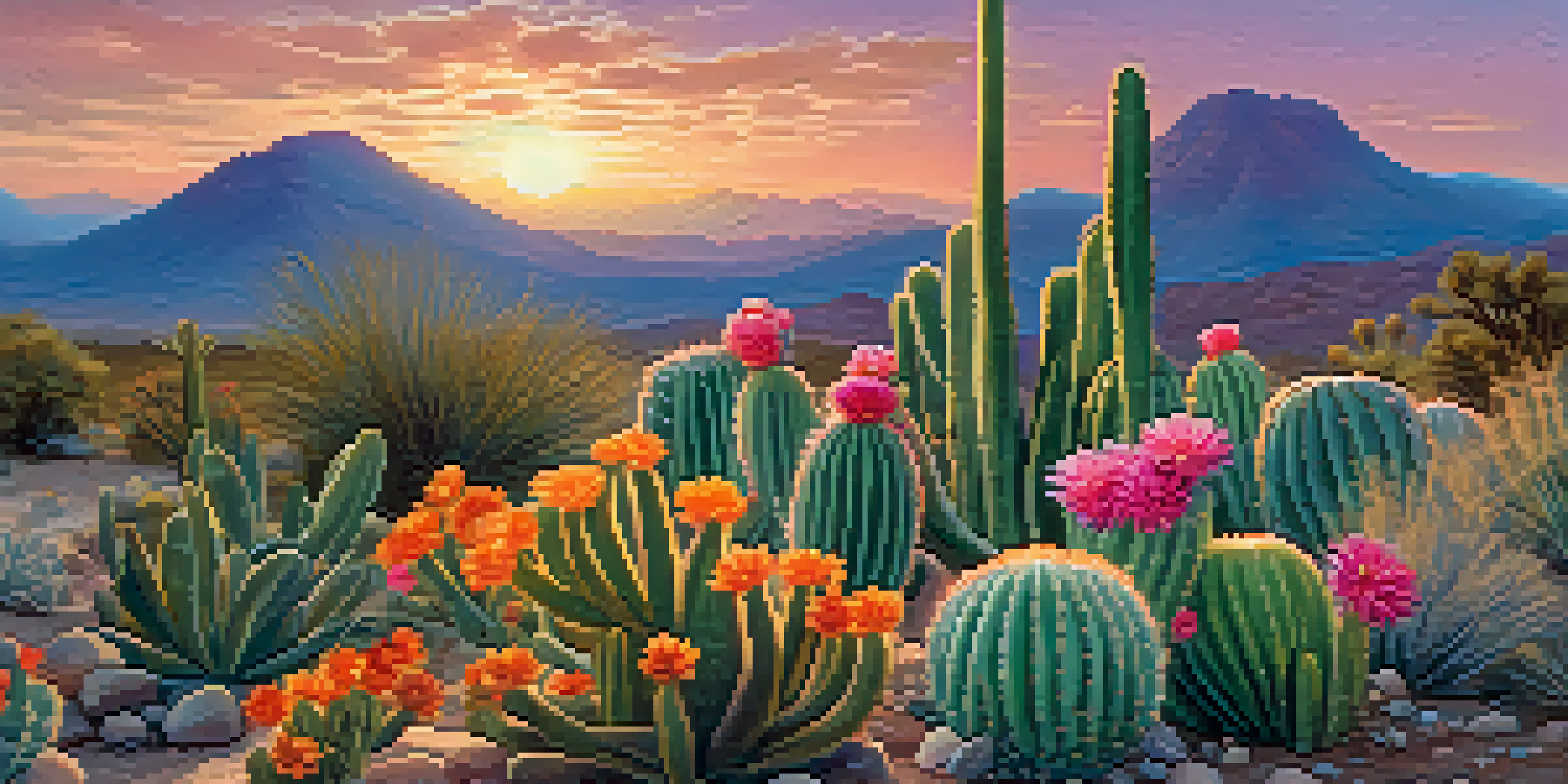 A peyote cactus in a colorful desert landscape during sunset with mountains and wildflowers in the background.