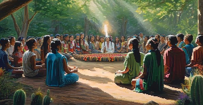 A group of participants in traditional attire engaged in a Peyote ceremony in a green forest, with sunlight filtering through the trees.