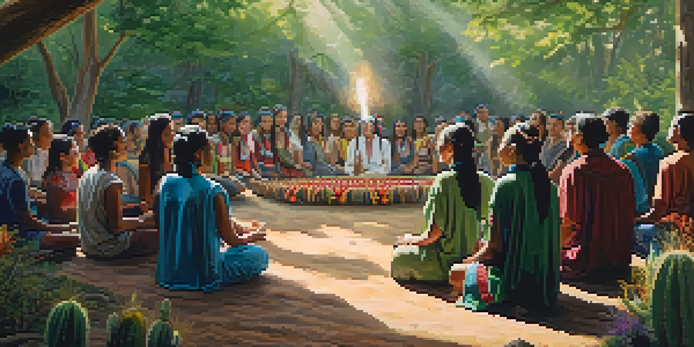 A group of participants in traditional attire engaged in a Peyote ceremony in a green forest, with sunlight filtering through the trees.