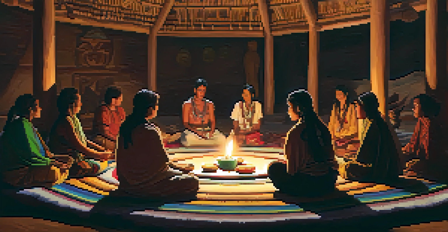 A spiritual ceremony with participants sitting in a circle around a bowl of peyote, adorned with colorful textiles and candlelight.