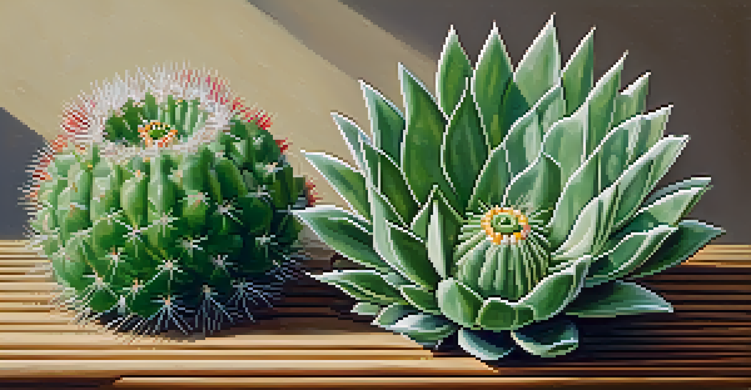 A close-up of a peyote cactus on a wooden surface, showcasing its spines and flowers with traditional symbols around it.