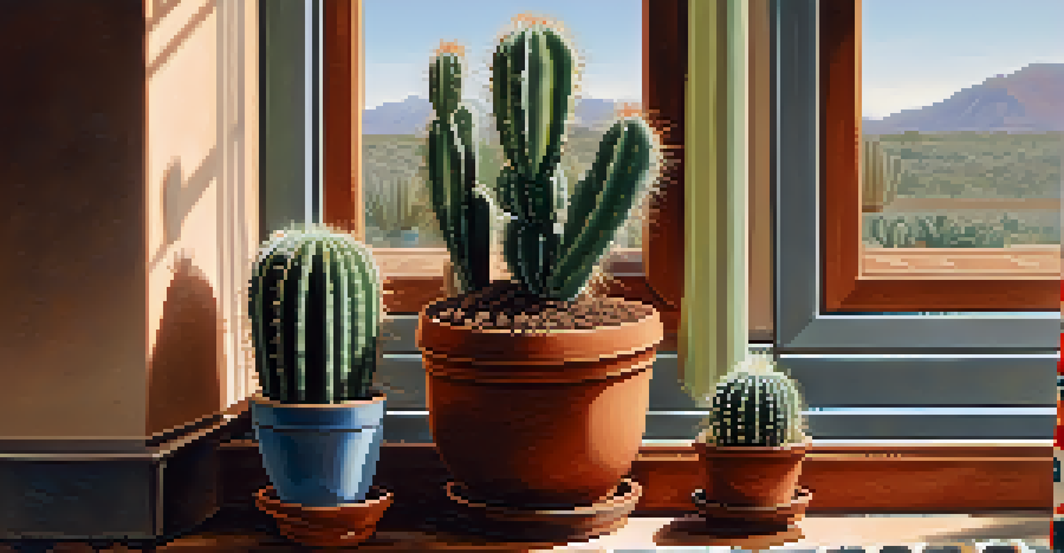 An indoor setting with a peyote cactus on a windowsill, illuminated by soft light through sheer curtains, and a hygrometer in the background.
