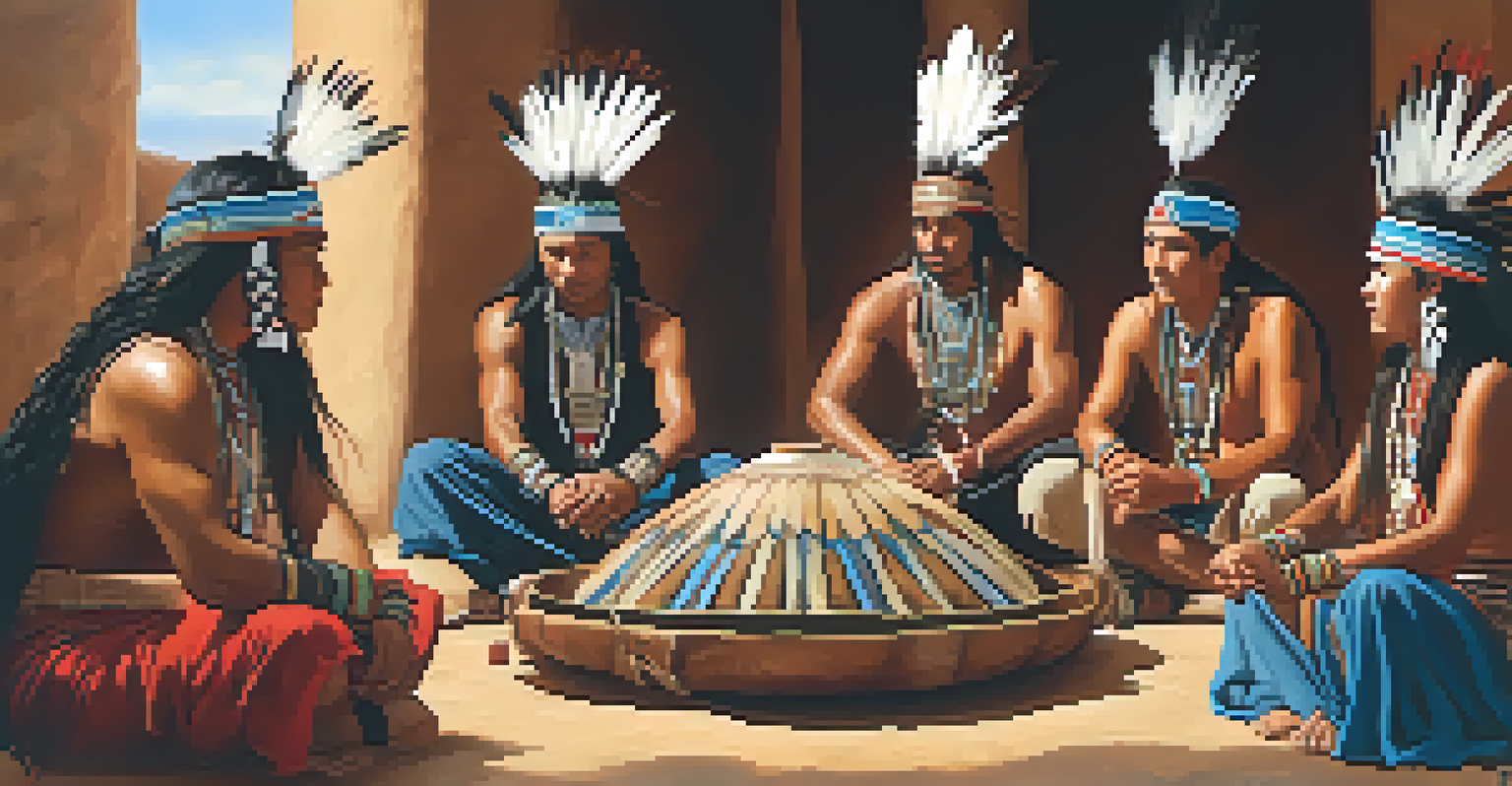 A group of people sharing their experiences in a ceremony, surrounded by traditional elements like drums and feathers, showing emotions of connection.