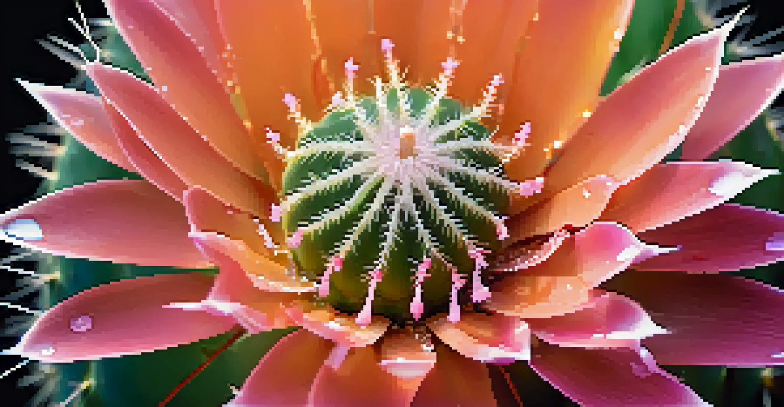 A beautiful Peyote cactus in bloom with vibrant colors, showcasing intricate textures and dew drops, against a softly blurred background.