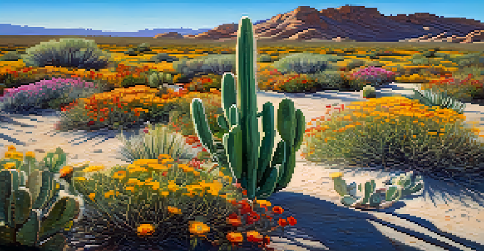 A small peyote cactus surrounded by colorful desert wildflowers under a clear blue sky, illuminated by sunlight.