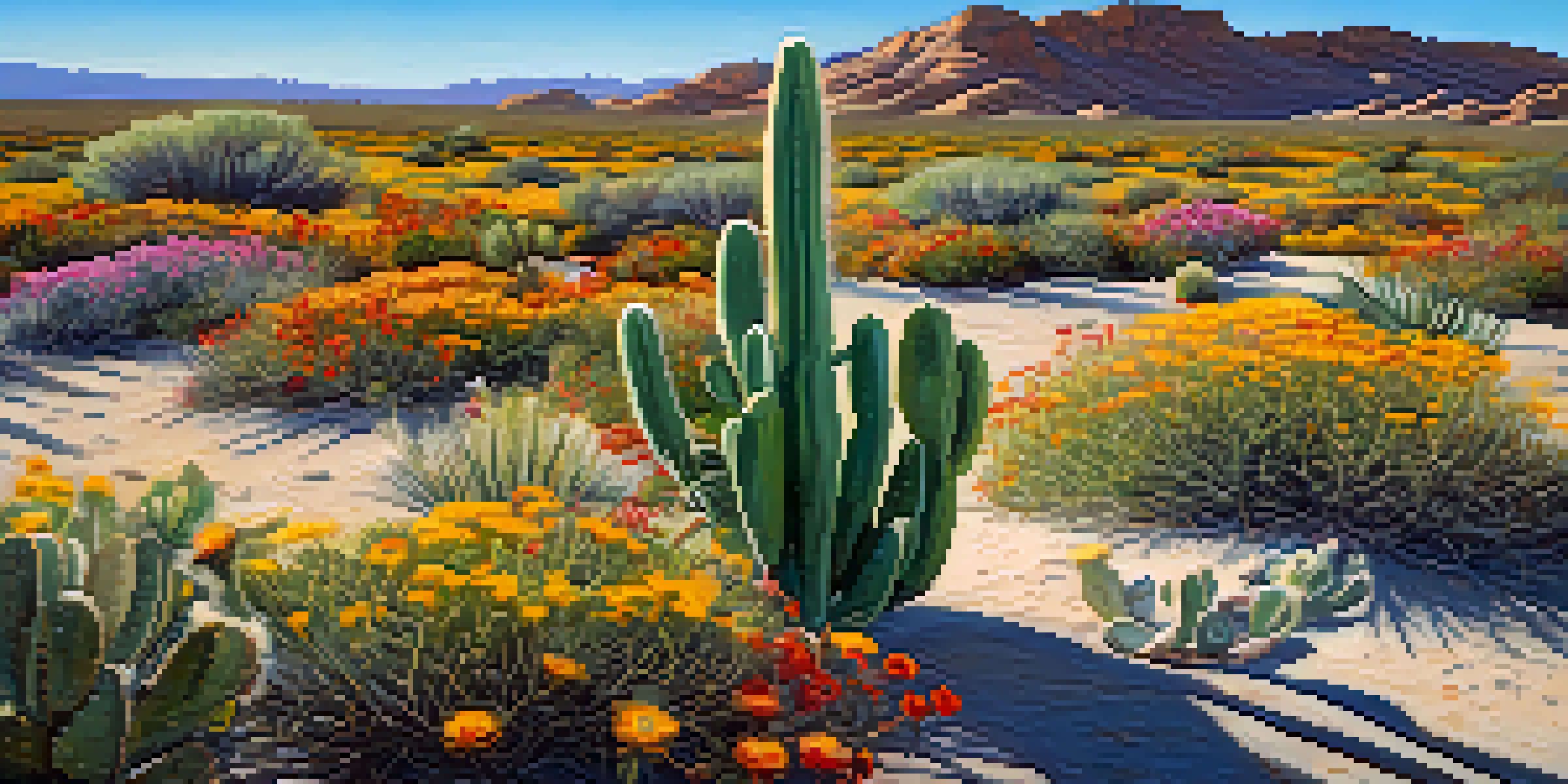 A small peyote cactus surrounded by colorful desert wildflowers under a clear blue sky, illuminated by sunlight.