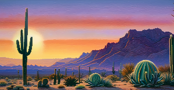 A tranquil desert scene at dusk with a small peyote cactus in the foreground, and a colorful sunset sky.