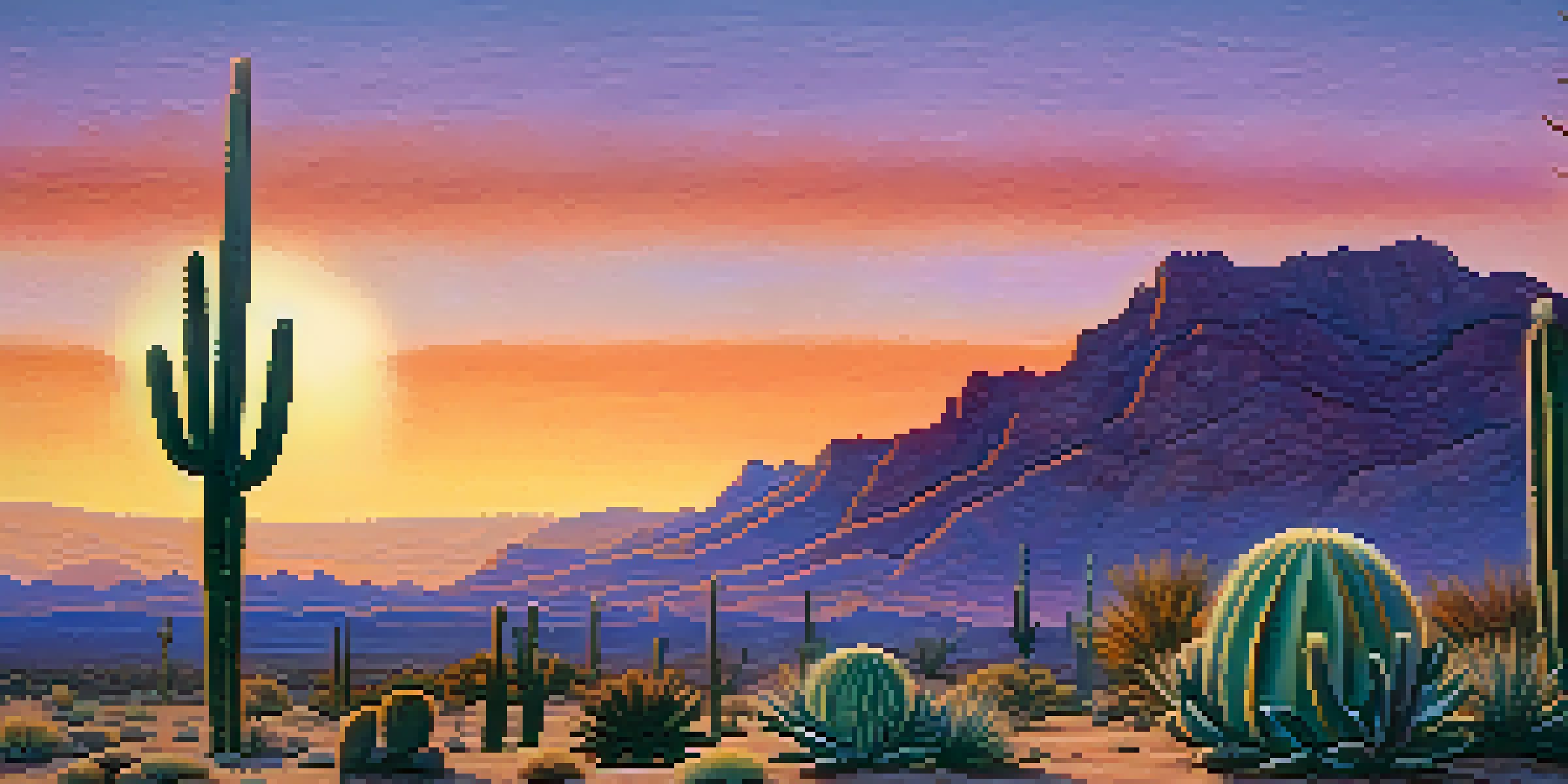 A tranquil desert scene at dusk with a small peyote cactus in the foreground, and a colorful sunset sky.