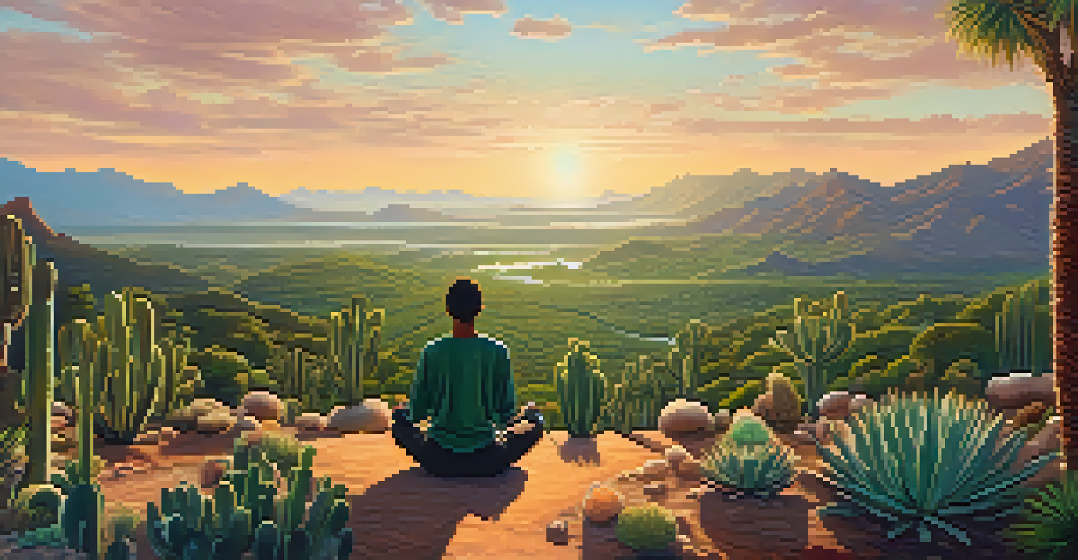 A person meditating near a Peyote cactus in a lush landscape during golden hour, representing peace and resilience.