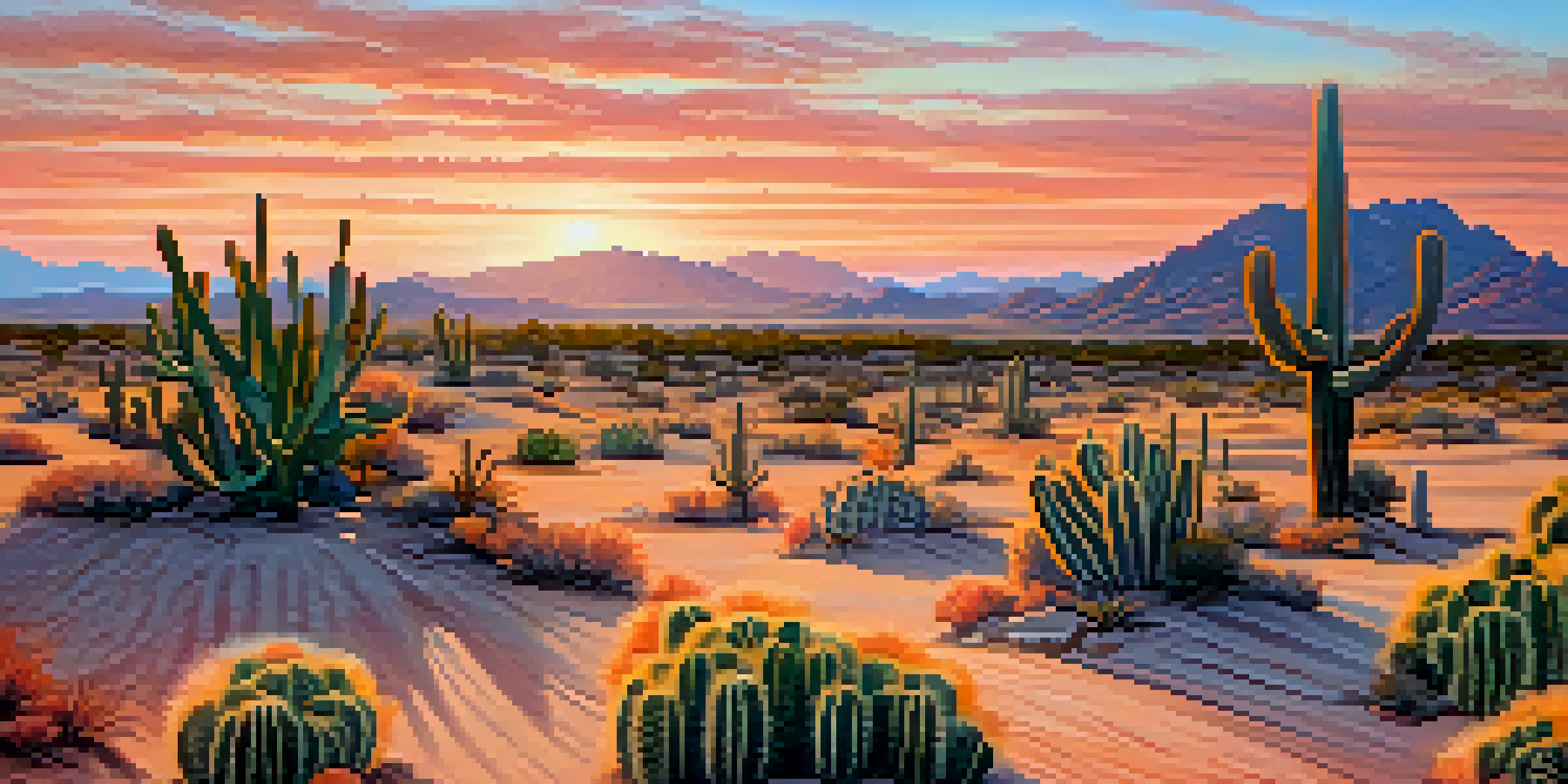 A peaceful desert scene at sunrise with peyote cacti in the foreground, showcasing soft orange and pink sky colors.