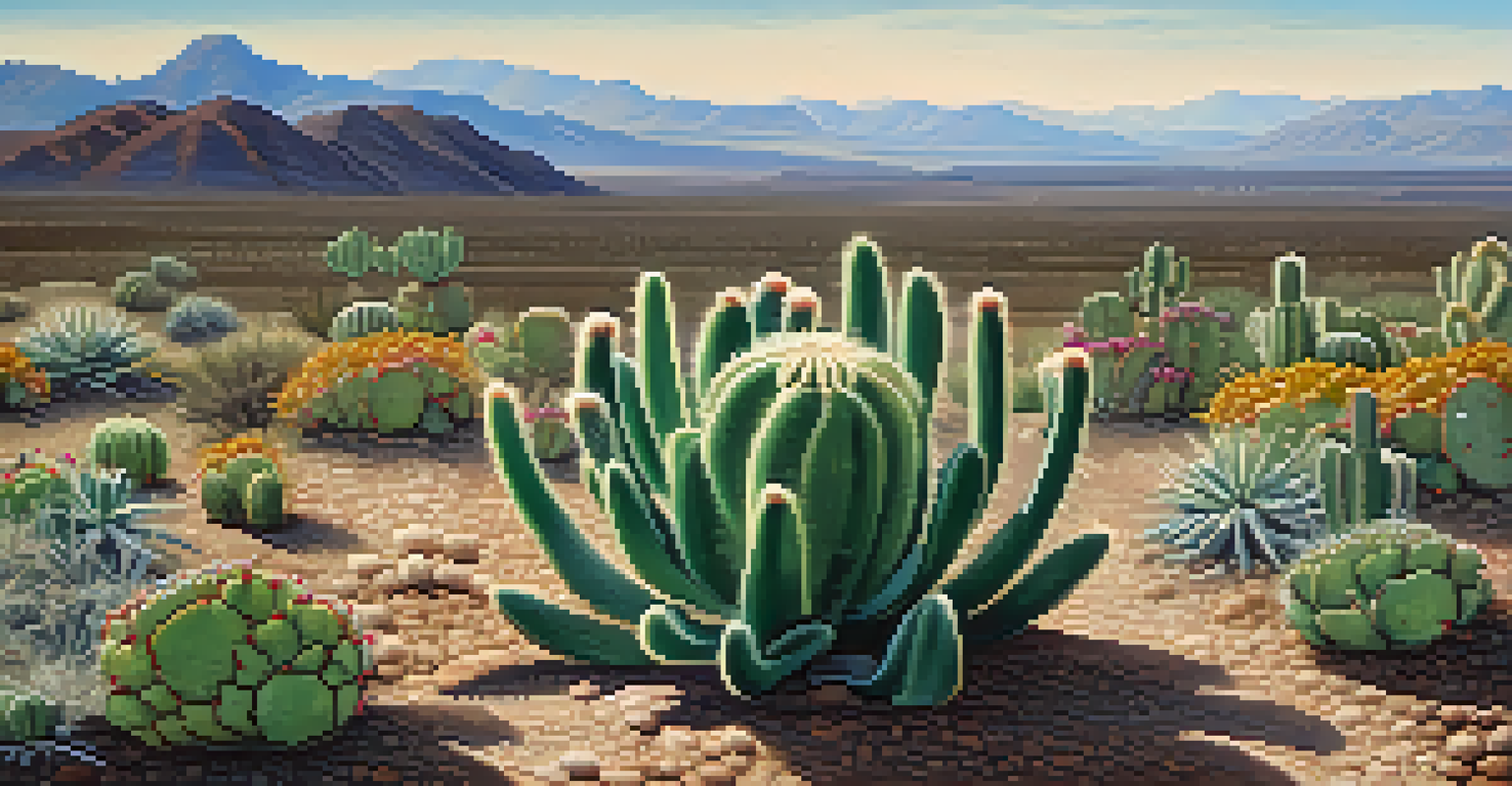 A close-up view of a peyote cactus showing its spines and buds, set against a blurred background of a traditional Native American landscape.