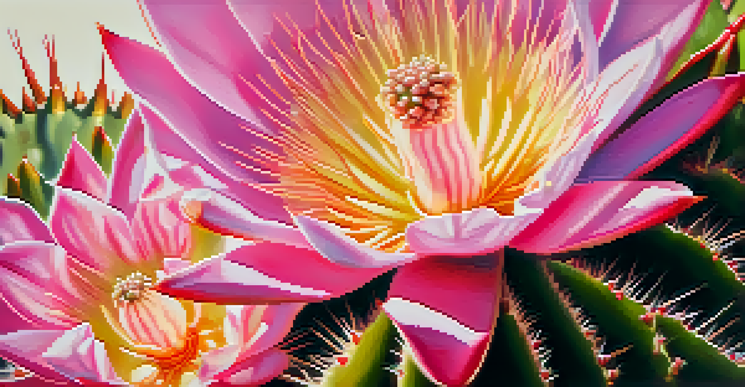 A close-up of a blooming peyote cactus with vibrant pink flowers and spines, illuminated by warm sunlight against a softly blurred background.