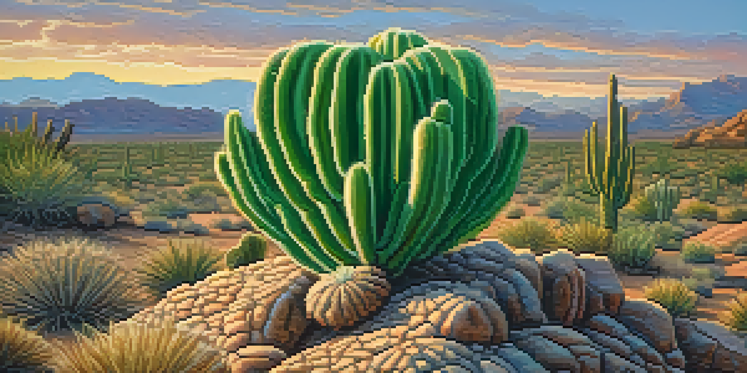 A close-up image of a peyote cactus with a vibrant green color, set against a soft, blurred desert sunset background.